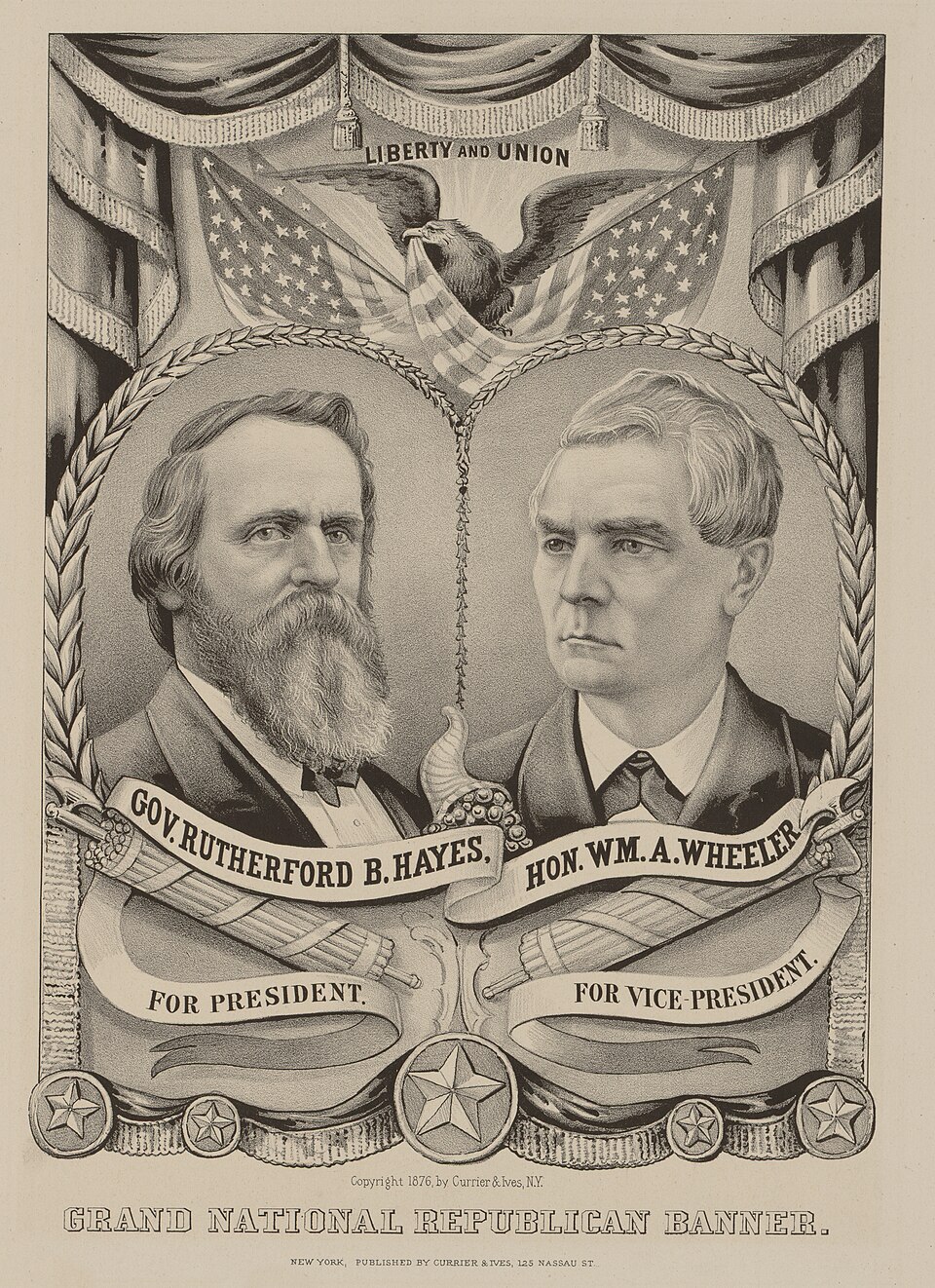 Original Currier & Ives campaign poster depicting the Hayes-Wheeler 1876 US Presidential Ticket ticket